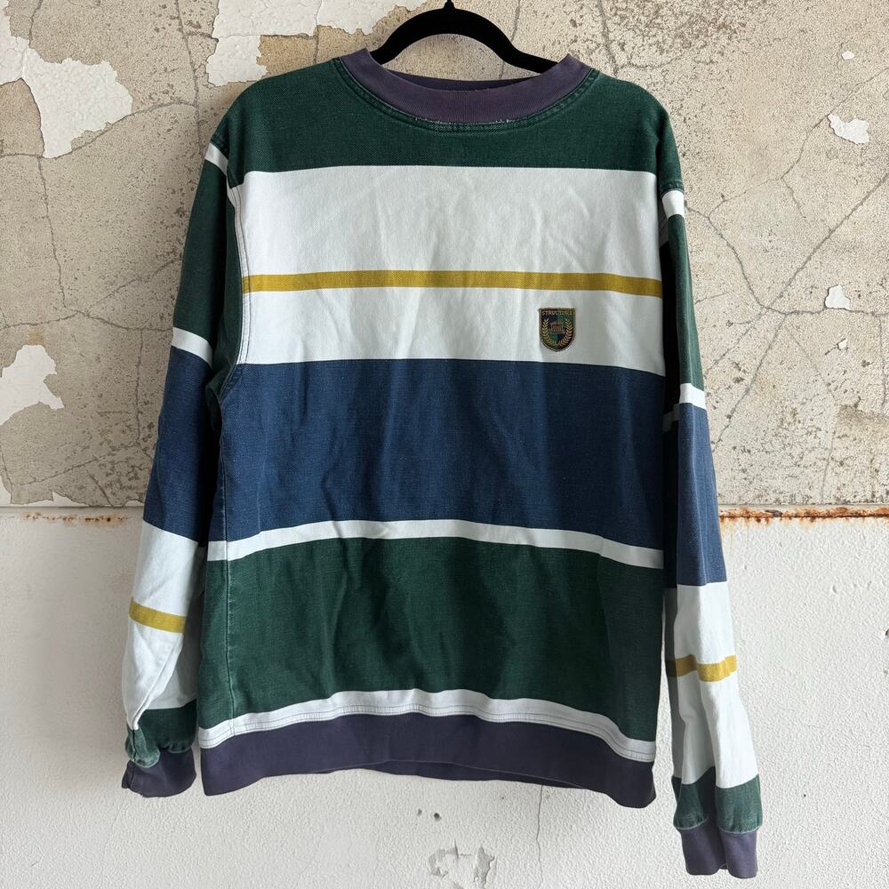 Vtg 90s Sweatshirt Striped Crewneck Structure Patch‎ Rugby Made USA Mens L Retro